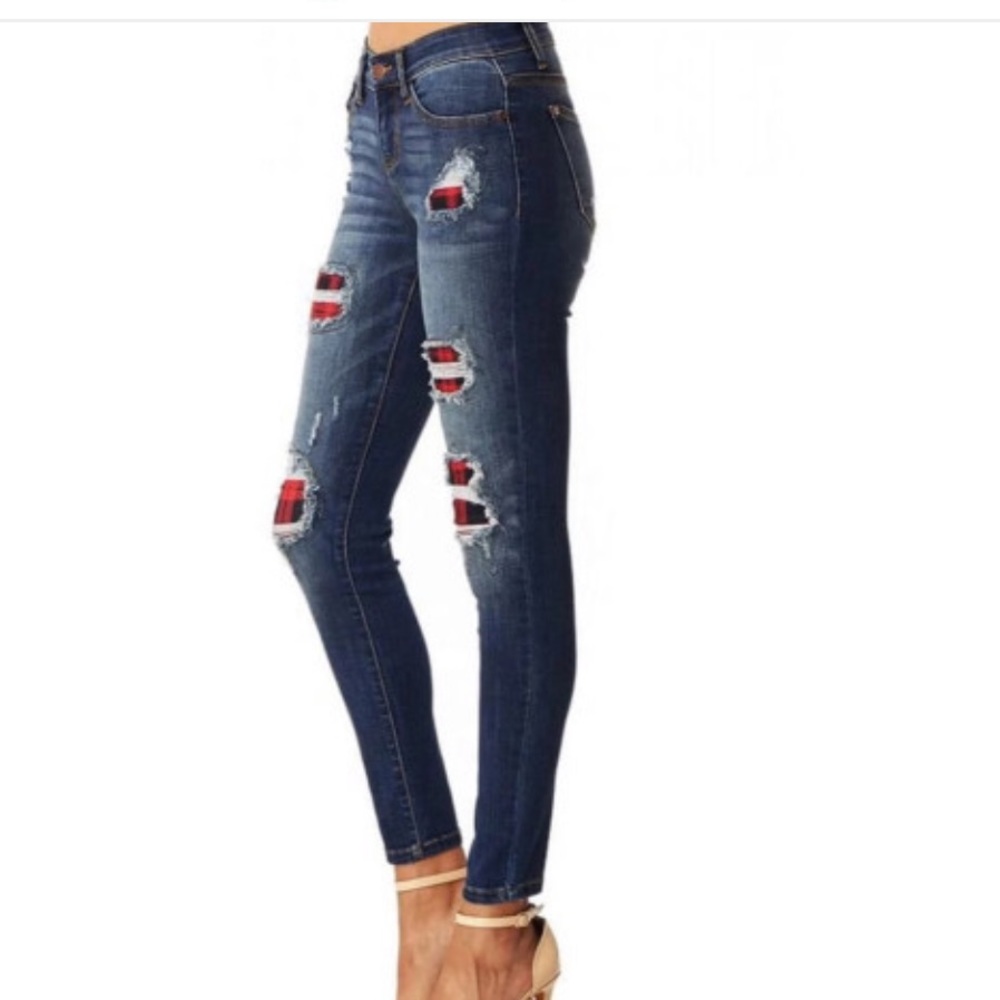 Patchwork Plaid Ripped Jeans - Picture 2 of 7